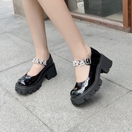 高跟鞋 高跟鞋 2024 新款 high heels women shoes Female Preppy Leather Loafers with Rhinestone Buckles - Summe