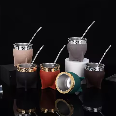 Stainless Steel Double-layer Mate Cup With Straw Texture Eggshell Cup Perfect For Yerba Mate Tea Dri