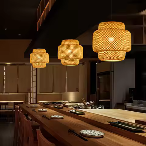 Bamboo Pendant Lamp E27 Hand Knitted Chinese Style Weaving Hanging Lamps 30cm Restaurant Home Decor 