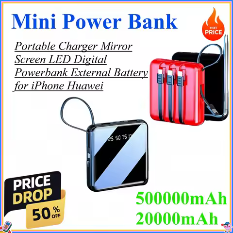 Mini 500000mAh 20000mAh Power Bank Portable Charger Mirror Screen LED Digital Powerbank External Bat