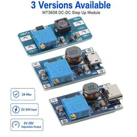 5Pcs/1p MT3608 DC-DC Adjustable Boost Module 2A DC DC Boost Step up Converter Module 2-24V to 5V 9V 