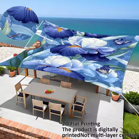1 Pc Blue Iris Flower & Butterfly Print Outdoor Canopy Portable UV Protection Sun Shade for Beach Ga
