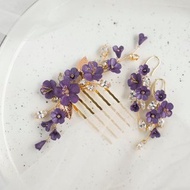 Amethyst flower jewelry set, Dark purple hair comb and earrings, Crystal clip