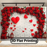 1pc Romantic Valentine'S Day Party Banner - Red Rose & Heart Backdrop  - Durable Polyester Photograp