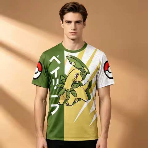 Men's Bayleef Pokemon Full Sublimated Split Color T-Shirt, Pokeball Japanese Text Anime Casual Sport