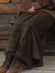 咖綠色 羊毛棉拼接繫帶裹裙 千鳥格紋繫帶長裙