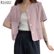 ZANZEA Women Korean Casual Fashion Round Neck Short Sleeve Loose Pocket Blazer