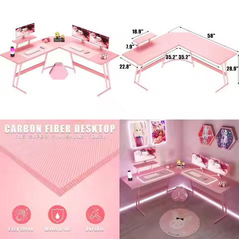 Pink L-Shaped Gaming Desk with Large Monitor Stand for Home Office, Study, and Writing