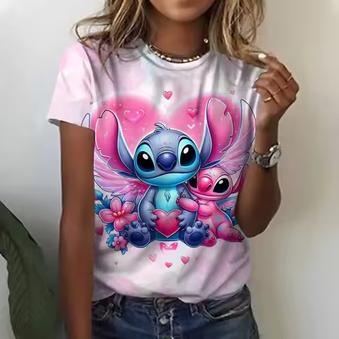 Kawaii Lilo Stitch Print T-shirts Tops for Women Lady Summer Children T-shirts Casual O-neck Ohana S