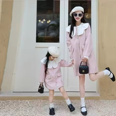 2025Fashion Mummy and Me Jacket Clothes Mother and Daughter Equal Dress with Big Collar Mom and Kids