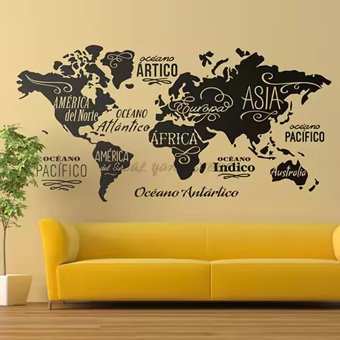 Large World Map Wall Decal Outline World Map Sticker Home Bedroom Living Room Decor Removable Adhesi