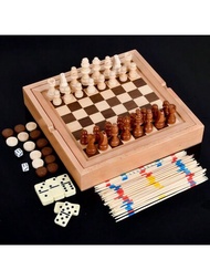 1套木製棋盤遊戲,包括象棋、跳棋、五子棋、多米諾骨牌和井字遊戲等5種不同的遊戲