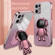 AnDyH Phone Case for OPPO Reno 7 8 4G F21 Pro 4G Flash Powder Gradient Plating Casing with Astronaut Stand