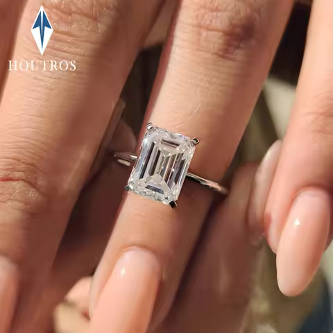 4CT Emerald Cut Solitaire Moissanite Ring GRA Certified 8x10mm Lab Diamond Engagement Wedding Bands 