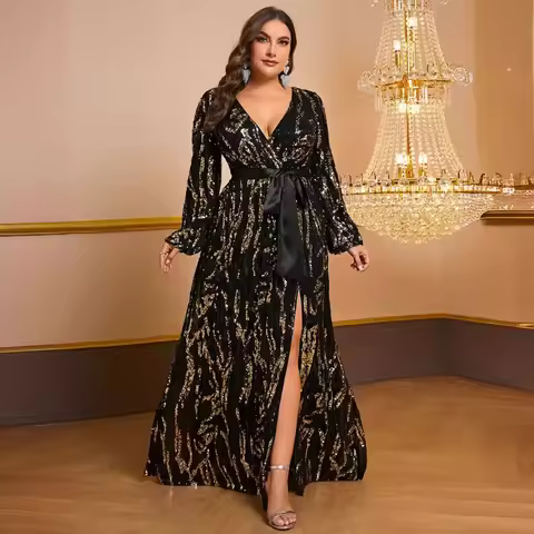 Plus Size Ladies plus Size Ball Gown Evening Dress Shiny Sequin Cross V Neck Long Sleeve Dress with 