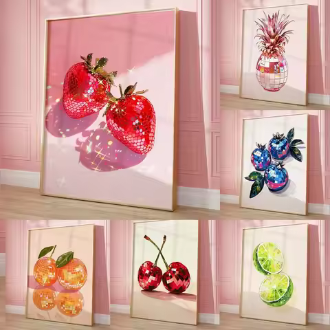 Fashion Pink Disco Lemon Grape Apple Cherry Strawberry Poster Print Fashion Wall Art Picture Decor F