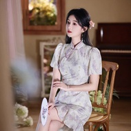 IBUY IBUY Spring Summer New Style Improved Cheongsam Short Small Art Floral Purple Slim-fit High Wai