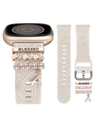 1入雕花矽膠Fitbit手錶帶，連3顆字母吊墜，裝飾釘，適用於20mm Fitbit Versa 4/Versa 3/Sense 2/Sense