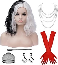 Wigs for Cruella Deville Costume Women Black White Wigs for Cruella Deville Wig with Gloves Necklace