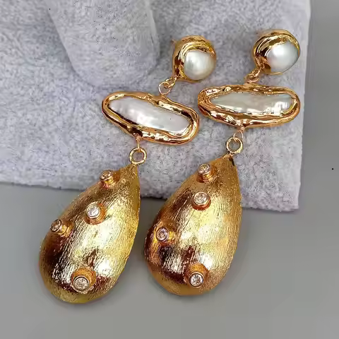 KKGEM natural Cultured 12x28mm White Biwa Pearl Teardrop 23x36mm Brushed Bead Cz Pave Stud Earrings