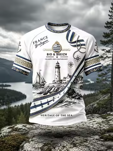 French Brittany Lighthouse Sailboat Pattern T-shirt with Celtic Knot Anchoring and Compass Print - Q
