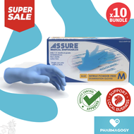 [Bundle of 10] ASSURE Blue Soft Nitrile Powder Free Gloves M size, 100 Pcs/Box ASSURE Nitrile Gloves Powder Free