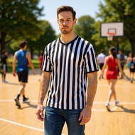 Striped V-Neck T-Shirt Basketball Football Referee Suit Perspiration Short-Sleeved Sportswear Men's 