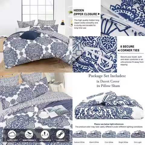 Royal Blue & White Paisley Duvet Cover Set, King Size, 3-Piece Comfortable Farmhouse Style with 2 Pi