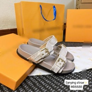 Fullbox 2025 Gold Button Two-Strap Sandals Sandal Perempuan