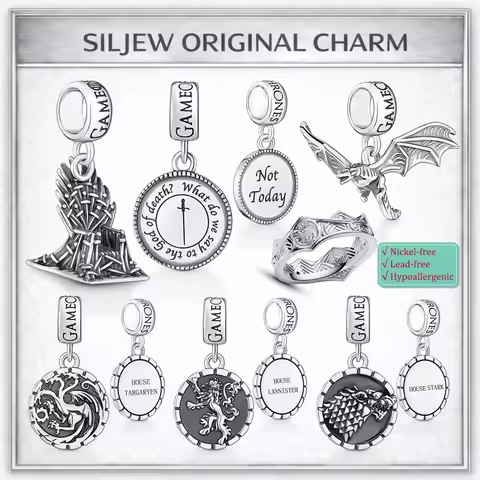 SilJew Vintage Fantasy Dragon Wolf Lion Charm 925 Silver Bead Fit Pandora Bracelet Medieval Throne S