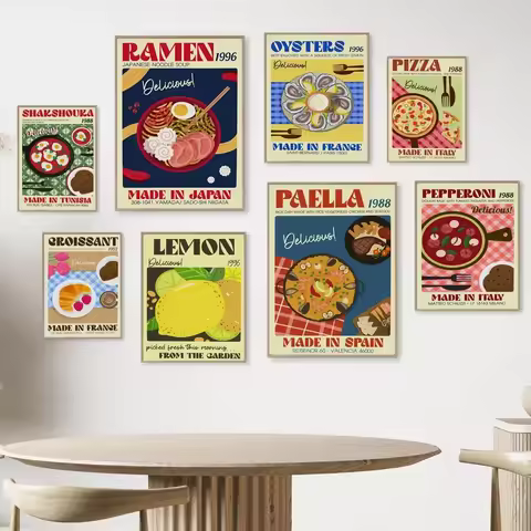 Nordic Pop Wall Art Pizza Italian Sausage Paella Ramen Food HD Canvas Poster Prints Home Bedroom Liv