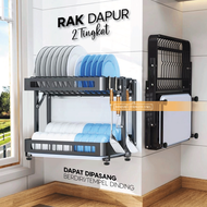 Rak Piring Dapur 2 Tingkat Lipat Gantung Tempel Dinding Kait Sutil Stainless Minimalis Serbaguna