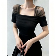 Meaning of design revealing pure mesh mesh connecting niche slim fit short-sleeved t-shirt