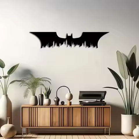 15.7" x 4.5" Modern Bat Silhouette Metal Wall Art: Superhero City Decor