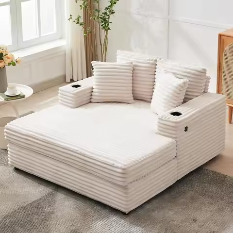 60 inch Oversized Chaise Lounge Chair Indoor, Upholstered Chaise Lounge with Cup Holder, Throw Pillo