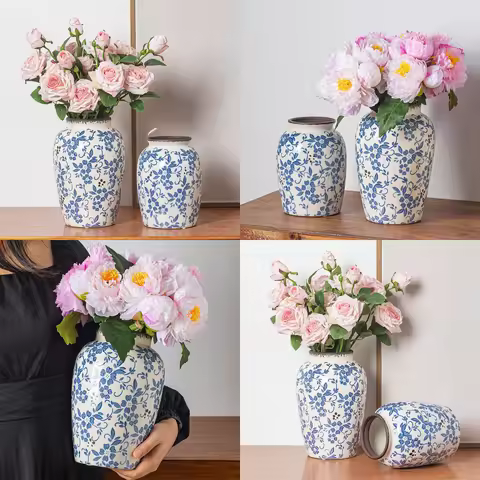 New Chinese Retro Blue White Porcelain Vase Luxury Home Decoration Flower Vase