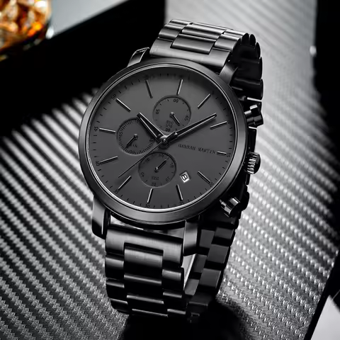HANNAH MARTIN Brand Men Watch Black Stainless Steel Waterproof Fashion Sports Multifunctional Quartz