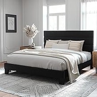 Allewie King Size Platform Bed Frame with Velvet Upholstered Headboard and Wooden Slats Support, Fully Upholstered Mattress Foundation/No Box Spring Needed/Easy Assembly, Black