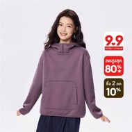 GIORDANO Women Hoodies Fleece Lined Warm Windproof Hoodies Kanga Pocket Half Zip Fashionable Casual 