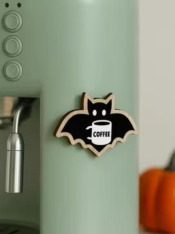 Wooden Halloween Bat Shaped Decorative Stickers, Cute Bat Holding Coffee Cup Design, Refrigerator & 