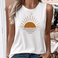 Sun Vacation Leisure Simple Sketch Sunrise Printed Round Neck Tank Top Graphic Tees Nữ Áo