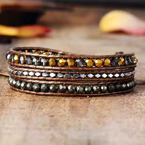 Leather Woven Bracelet Crystal Pyrite 3 Times Wrap Bracelets Beads Armband Beadwork Bracelet Jewelry