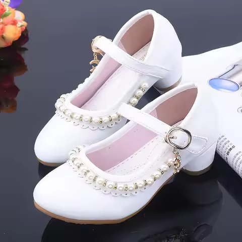 Princess Girl Shoes Children High Heels Pink Child With Beading White Leather Party Girls Dress Mary