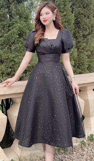 Đầm dáng xòe chấm bi nhỏ cổ vuông tay bồng xinh xắn Đầm hottrend tay bồng ngắn ngực kiểu dáng xòe ch