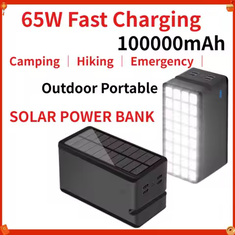 100000mAh Solar Power Bank, 65W Fast Charging Portable Charger with USB C for Camping Hiking Emergen