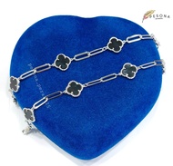 Gelang Tangan Wanita Perak Asli Silver 925 Lapis Emas Putih Model Vancleef Clover Bunga Hitam - Perh