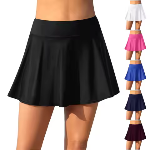 Bikini Bottom Womens Swim Skirt Built-In Briefs Shorts Skirt Pleated Mid Waist Swim Bottoms Swimming
