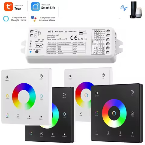 Tuya Wifi RGBCCT LED Controller DC12-24V WT5 5in1 LED Dimmer 2.4G RF 1-Zone 4-Zone Wall Glass Touch 
