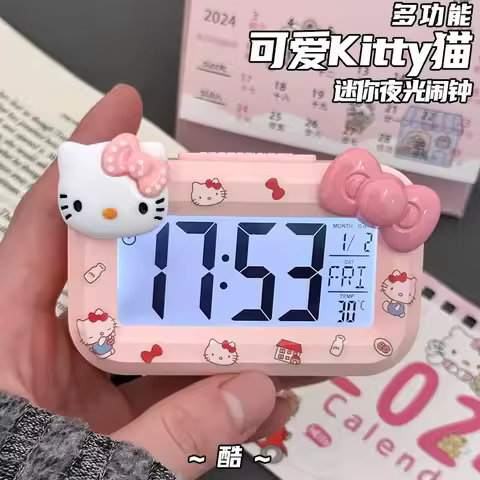 Sanrio MINISO Cat Cute Clock Cartoon Luminous Alarm Clock Dormitory Desk Decoration Gift Hello Kitty