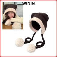 WININ Beanies Bear Hat, Thickened Bear Ear Ear Protection Hat,  Wool Crochet Warm Hat Winter